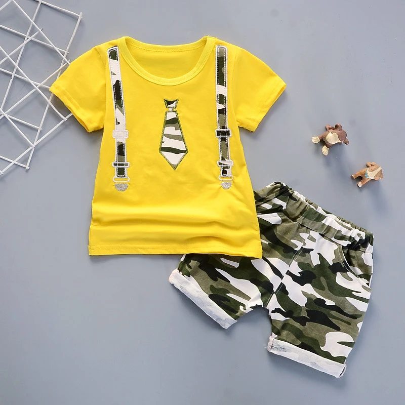 Toddler Baby Boys Clothes Set Tie Print T-shirt Short Sleeve Tops Camouflage Shorts 2Pcs Children Boy Summer | Детская одежда и