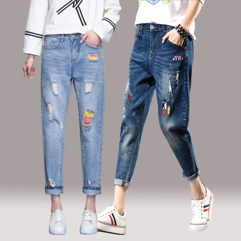 Женские рваные джинсы до щиколотки прямые свободные брюки со средней талией 26 32