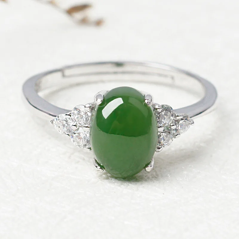 BUDONG Adjustable Oval Natural Nephrite Jade Jasper Band Fine Jewelry for Women Triangle Certificated 925 Sterling Silver Ring | Украшения