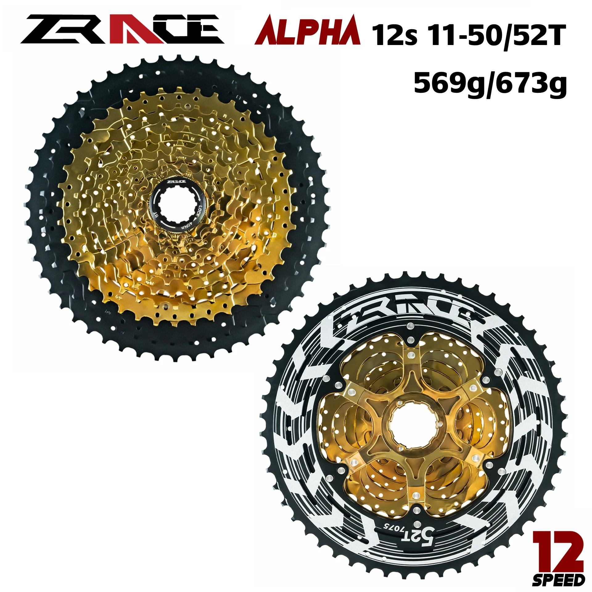 ZRACE Alpha 12s Lightweight Cassette 12 Speed MTB Bike Freewheel 11-50T / 11-52T - Gold,Compatible M9100 / XX1 X01 GX NX Eagle