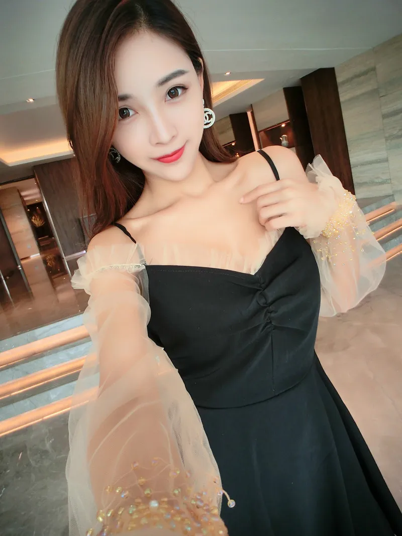 HAMALIEL Luxury Autumn Women Dress Runway Designer Mesh Patchwork Black Beading Ladies Sexy V Neck Long Flare Sleeve Party | Женская