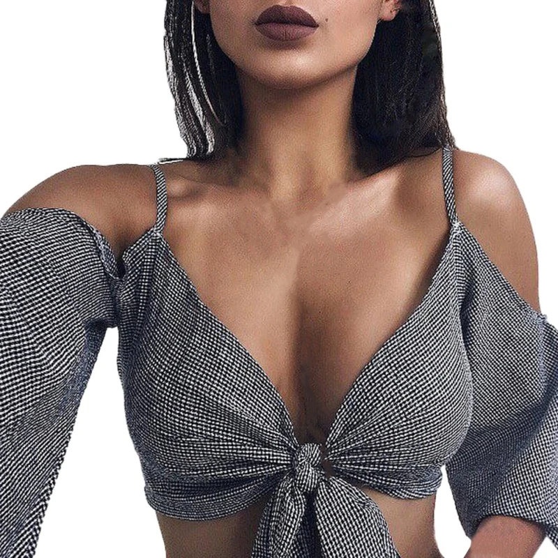 Summer Casual Sleeveless Loose Long-sleeved Shirt Cropped Shirt Bow Shirt Plaid Off-shoulder Tanks S M L 8