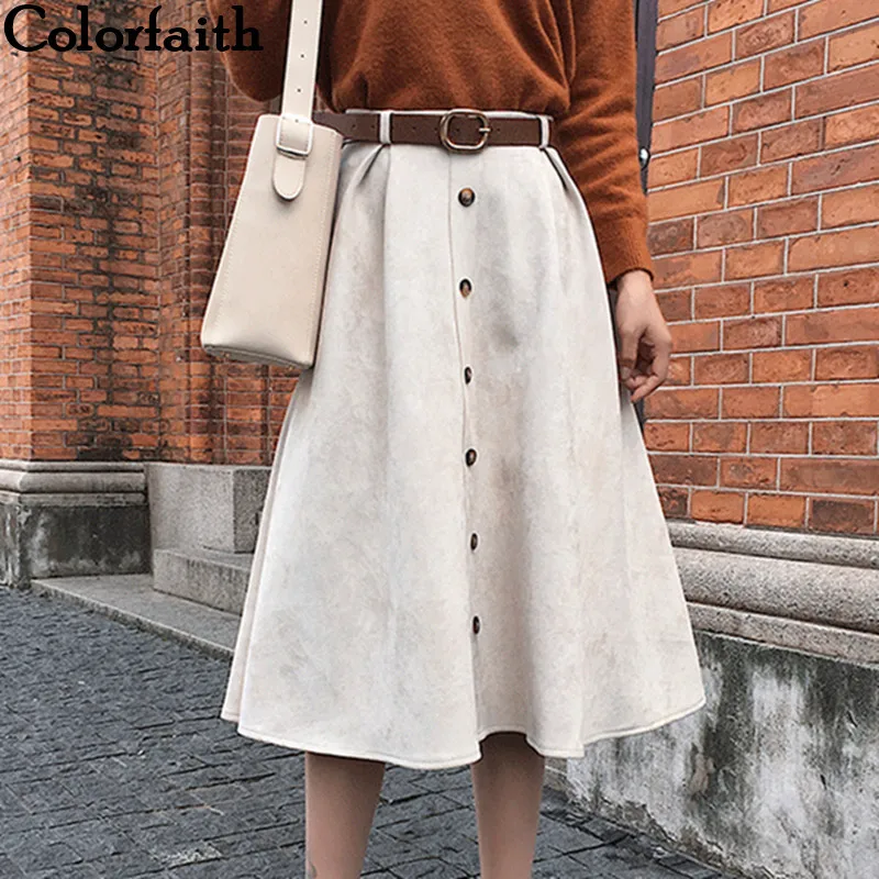 Colorfaith Новый 2019 замша Для женщин миди Винтаж ретро-line элегантные пуговицы плиссе