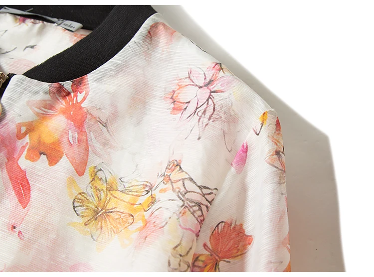 Women Jacket 50%Mulberry Silk 50%Linen Casual Zipper Floral Printed Jackets Fall Winter New Outwear