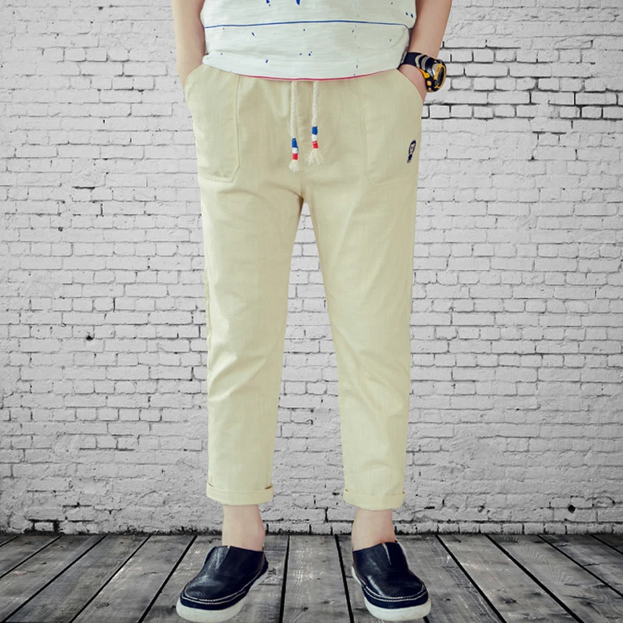Famli Kids Boys Linen Pants Teen Boy Casual Cotton Elastic Solid Pencil Leggings Children Summer Autumn Ankle Length Trousers |