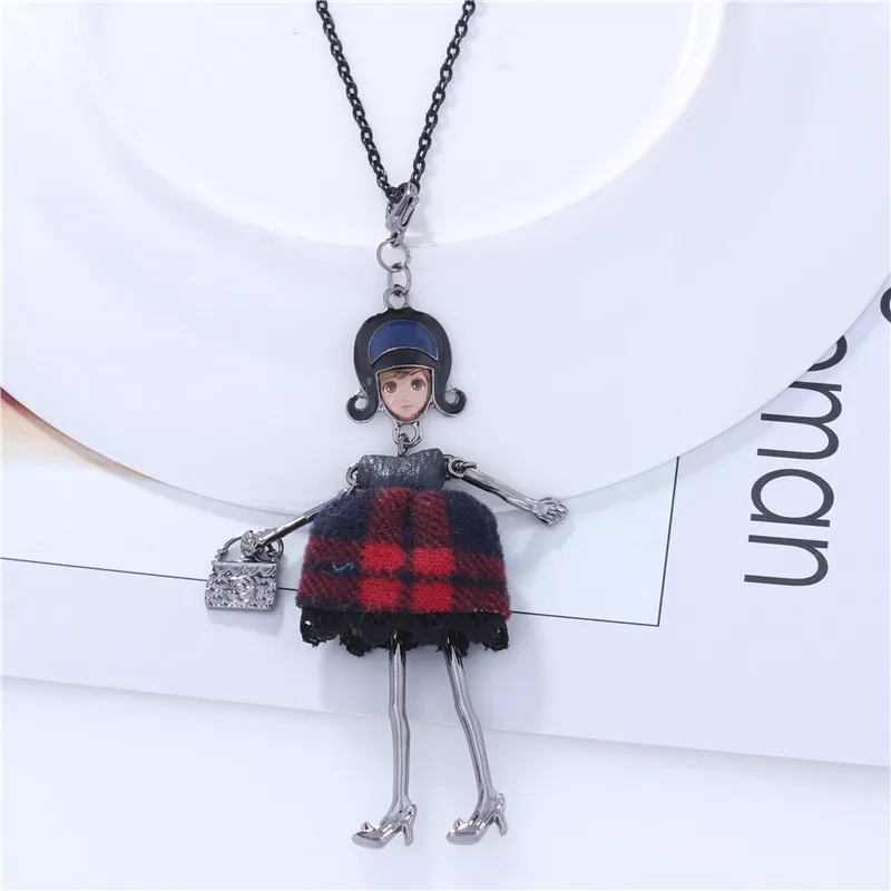 Милое кожаное клетчатое платье ожерелья с куклами и кулонами ручная работа