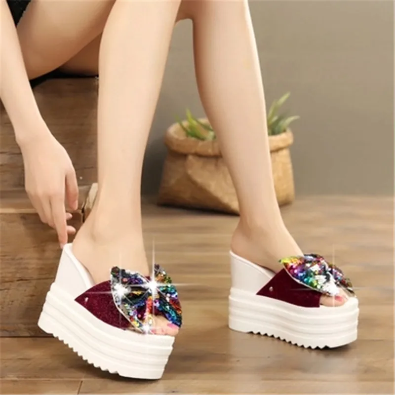 

WADNASO Women Outside Shoes Platform Slippers Light Wedges Heel Clog Sequined Cloth Butterfly-knot Sandals Zapatos Mujer Slides