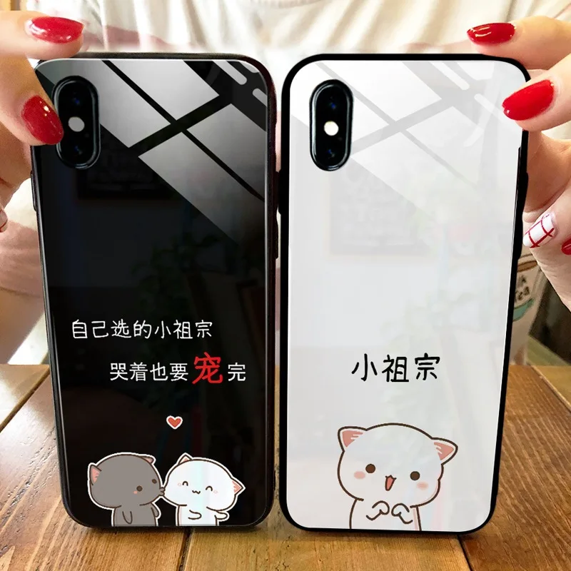 Китайский Персонаж пара мобильный телефон оболочки стекло зеркало для Apple iphone xs max мультфильм текст мужчин женщин iphone 11 7 8 плюс да