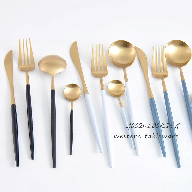 16 Pcs/set Gold European Dinnerware Knife Fork 304 Stainless Steel Western Cutlery Kitchen Food Portugal Tableware Dinner Set