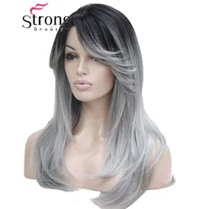 StrongBeauty Ombre Black Root With Grey Mix High-Quality Heat Ok Long Straight Skin Top Synthetic Wig