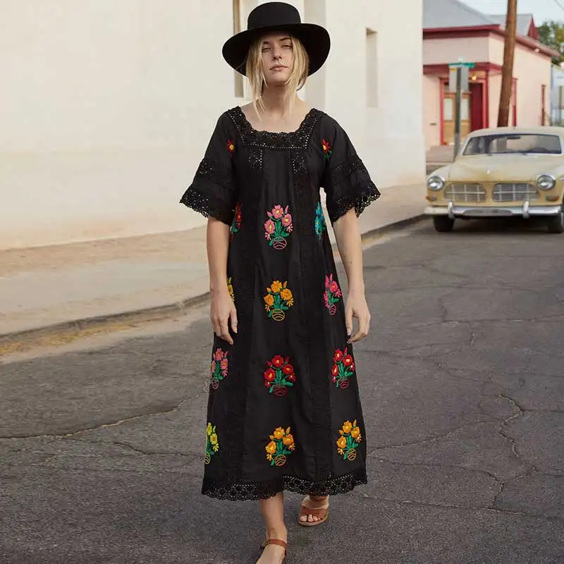 Vintge boho платье шикарное свободное цветочное кружевное платье с вышивкой с квадратным вырезом шикарное летнее платье женское Цыганский богемный vestidos - Цвет: black