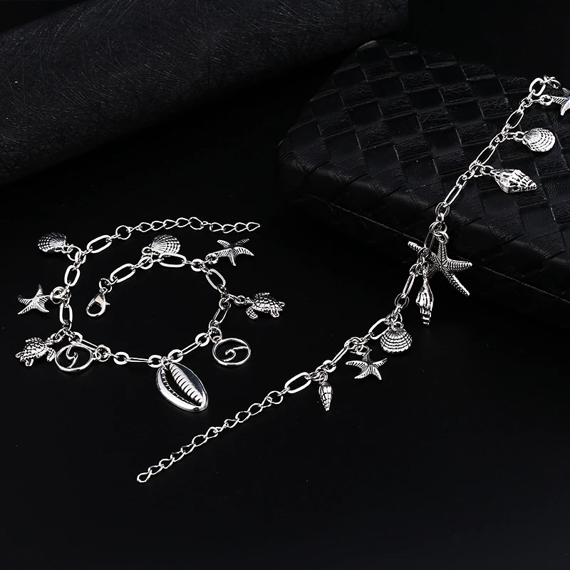 

WNGMNGL 2019 Best New Season HotSale Shell Star Chain Simple Anklets Adjustable For Women2PS/Set Tortoise Silver Seafood Anklets