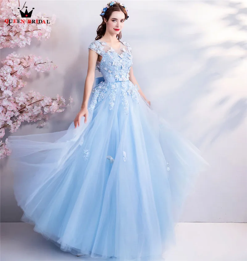 Женское вечернее платье А силуэта небесно голубое формальное до пола с цветами и