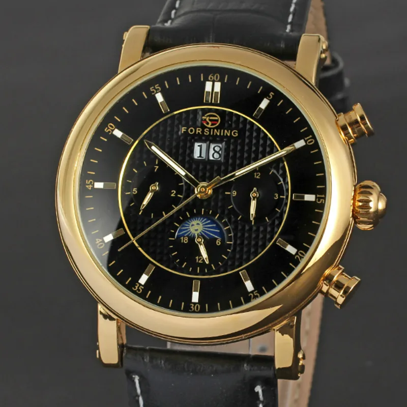 FORSINING Moon Phase механические часы из натуральной кожи ремешок мужские Топ бренд
