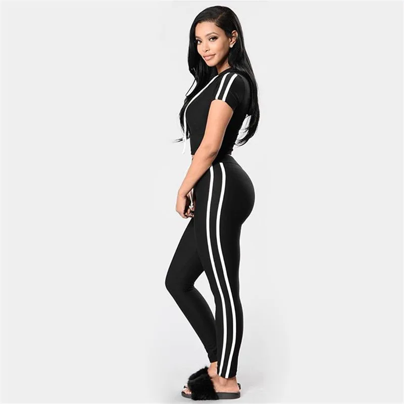 Red Crop Top Pants Two Pieces Set Women Short Sleeve Hoodies Striped Patchwork Capris Fitness High Waist 2019 Summer |