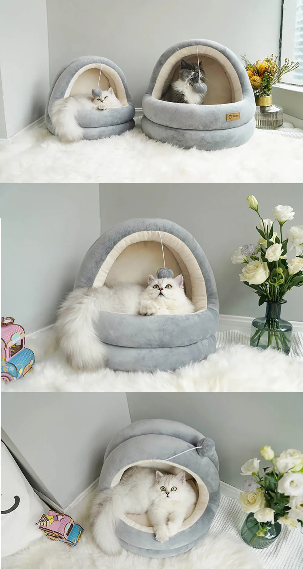 Warming Cat Cave Bed House Pet Sleeping Bag For Small Dog Cats Hamster Soft Removable Mat Nest Houses With a Playing Ball