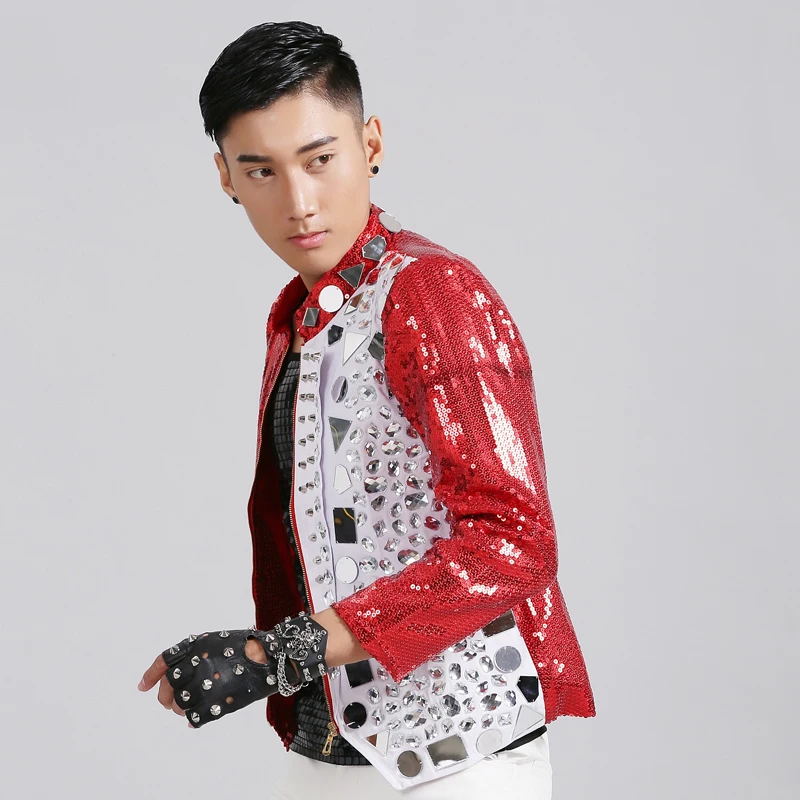 Мужской костюм для ночного клуба певицы блестки линзы заклепки Красный Блейзер