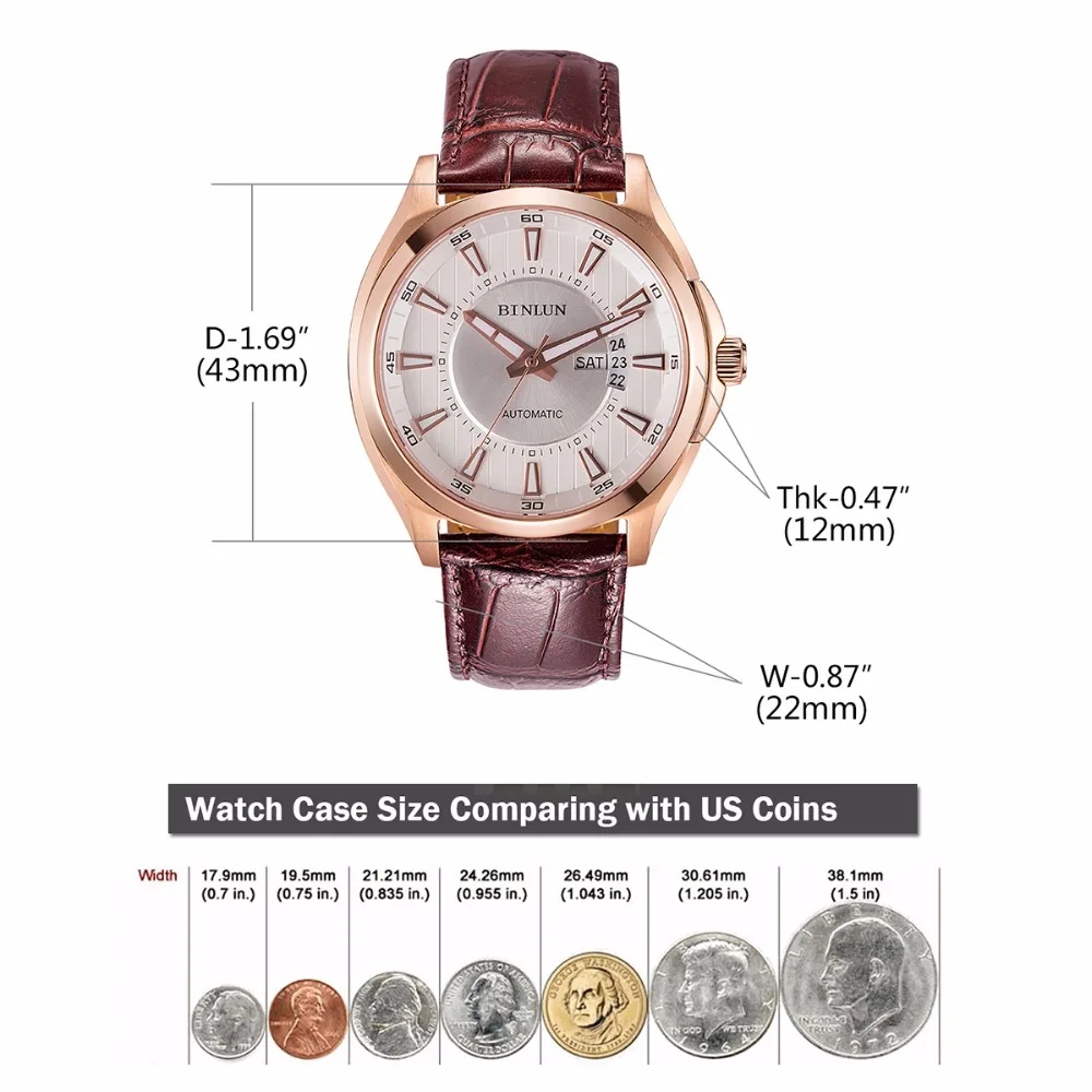 Часы BINLUN Мужские автоматические Классические роскошные механические наручные