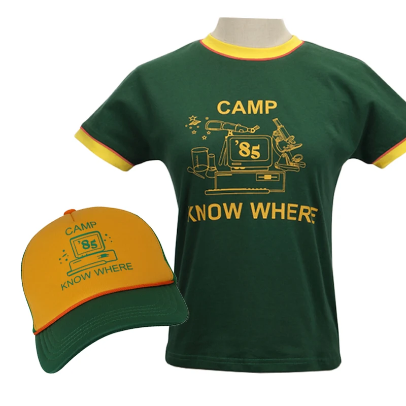 2019 New TV Stranger Things Dustin Cosplay Costume Short Sleeve T-shirt Green Baseball Hat Summer Top | Тематическая одежда и