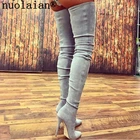 Женские сапоги выше колена, черные кожаные сапоги на высоком каблуке 10,5 см, зима панковские ботинки