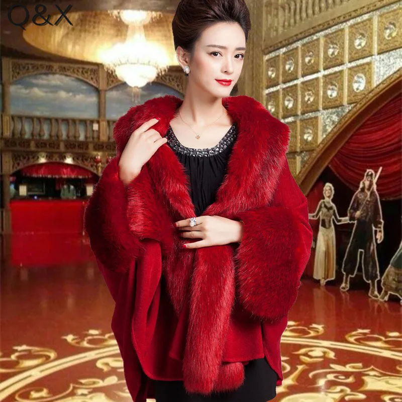 SC99 2017 зимний теплый длинный рукав вязаный искусственный пончо с мехом лисы