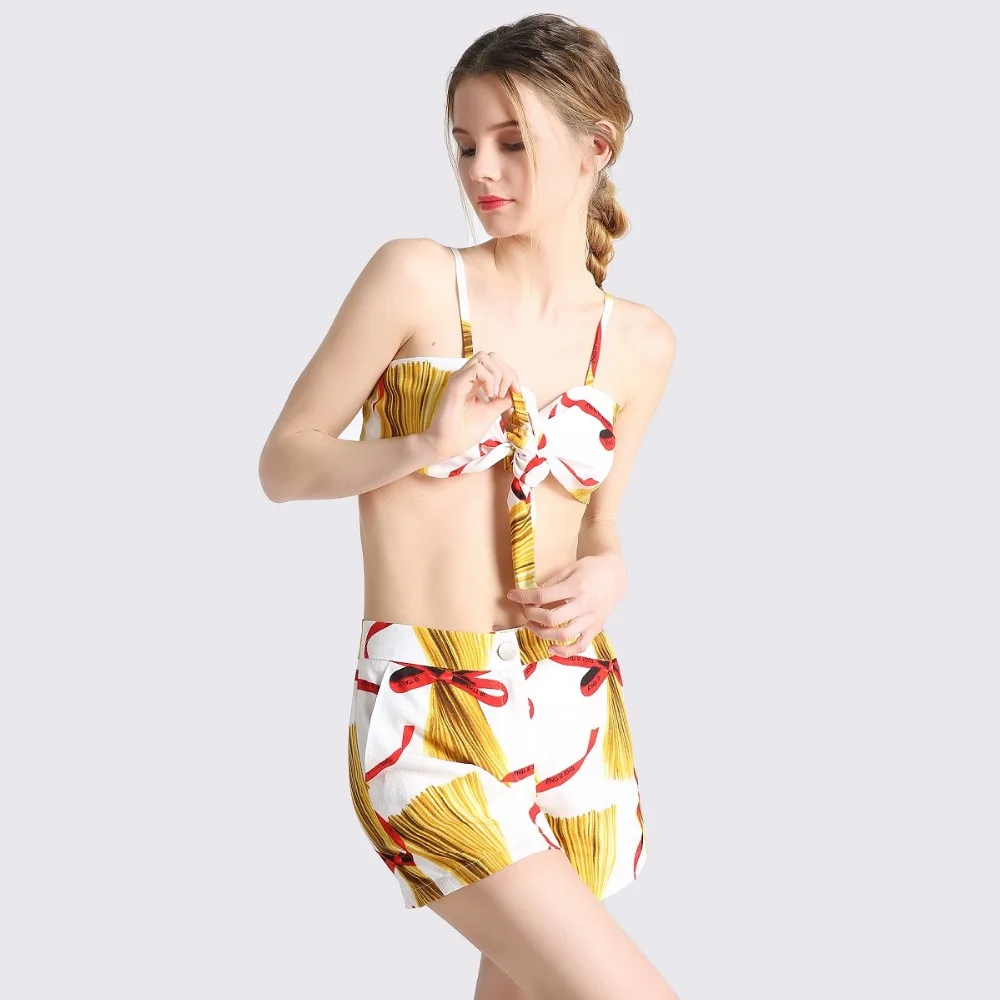 Women Summer 2 Piece Set Sexy Bikini Crop top Shorts Chiffon Floral Print Hot Pants Strap Top Casual Beach Holiday Suit | Женская одежда