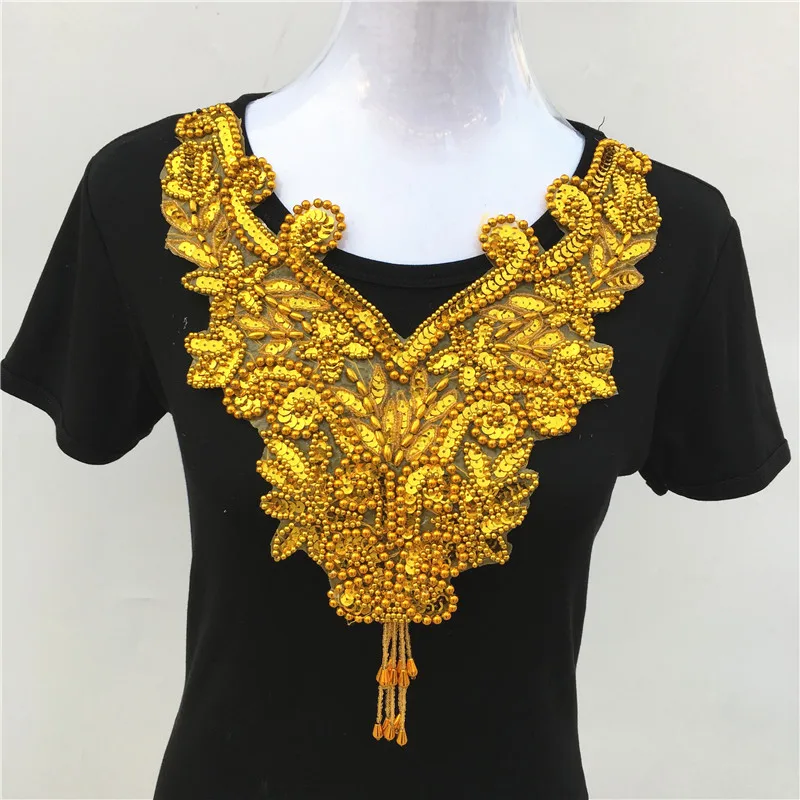 1pc Gold/Silver Beads Sequins Flower Lace Neckline Collar Sewing-On Embroidery Appliques For Dance Costumes Cloth Accessories | Дом и сад