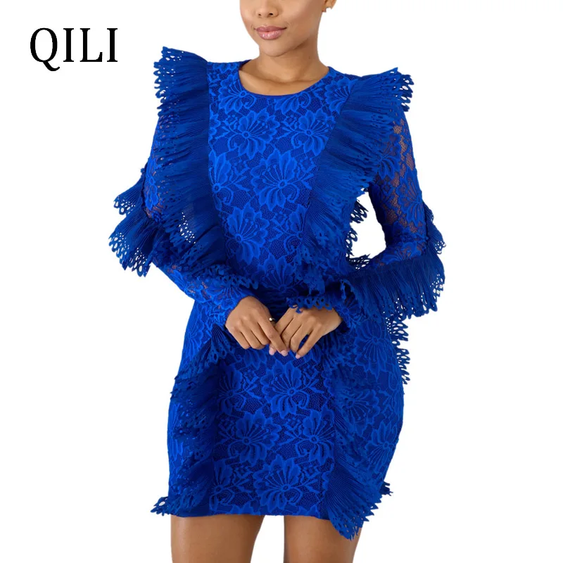 

QILI White Blue Black Lace Dress Elegant Lady Long Sleeve O neck Lace UP Patchwork Short Style Mini Dresses Party Club Dress