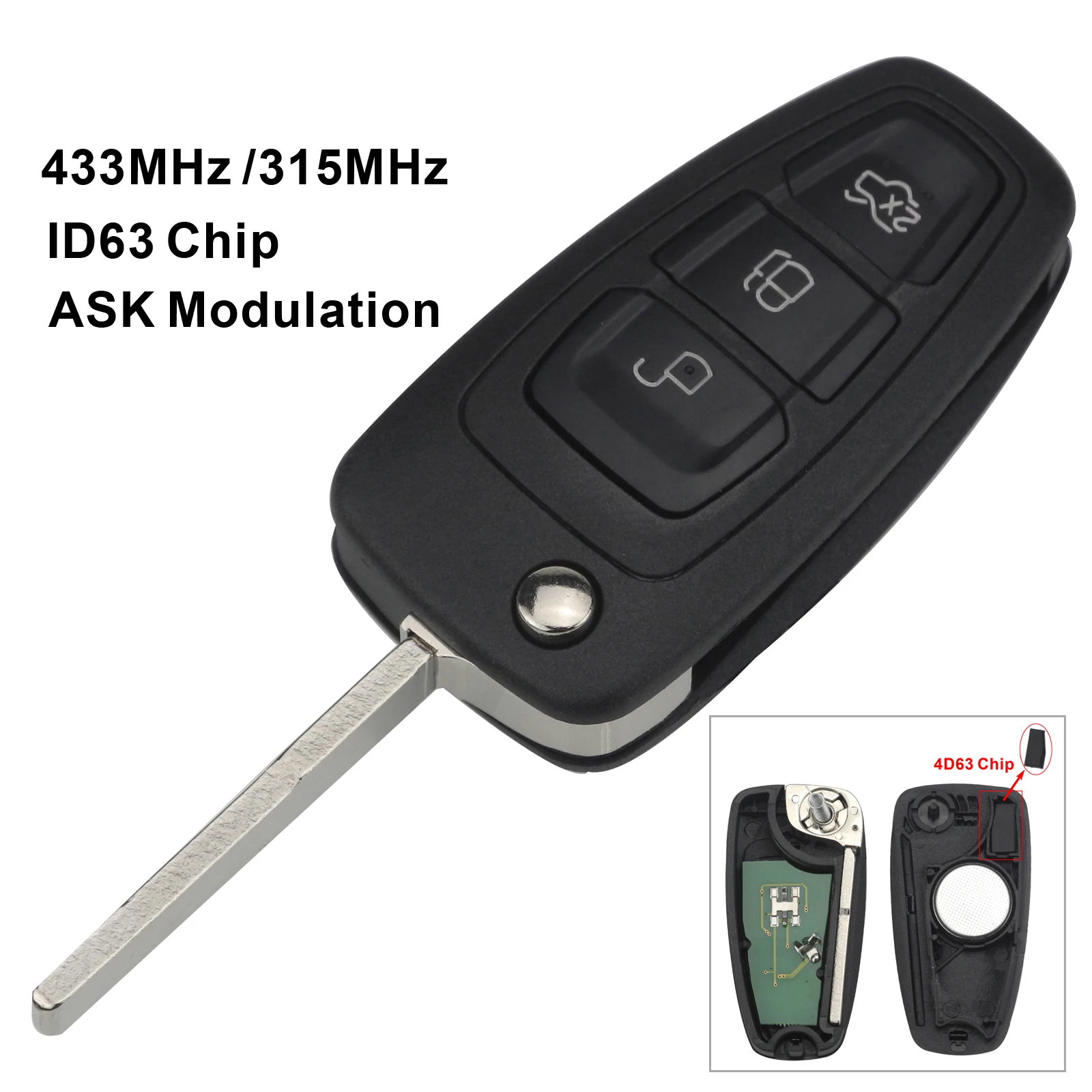 Jingyuqin 3 кнопки ID63 чип 433/315MHZ флип бесключевая запись Fob для Ford Focus Fiesta дистанционное управление ключом ASK сигнал HU101 Blade