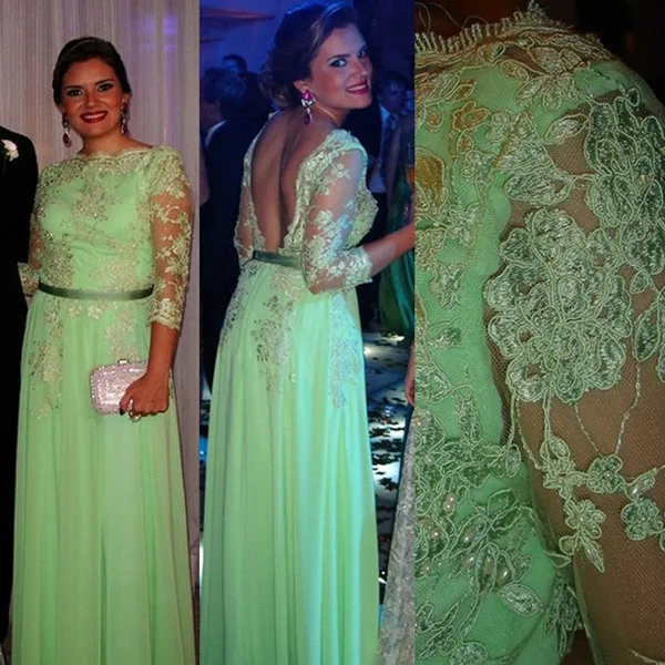 

Mother of the Bride Dresses Chiffon 3/4 Sleeve A-line Long Appliques Beaded Backless Mint Green Evening Party Gowns Mom's Dress