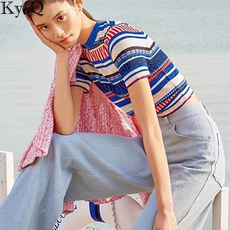 2019 Summer Women Runway Striped Sweater and Pullovers Short Sleeve O neck Korean Ladies Knitted Jumper Streetwear Tops Clothes | Женская