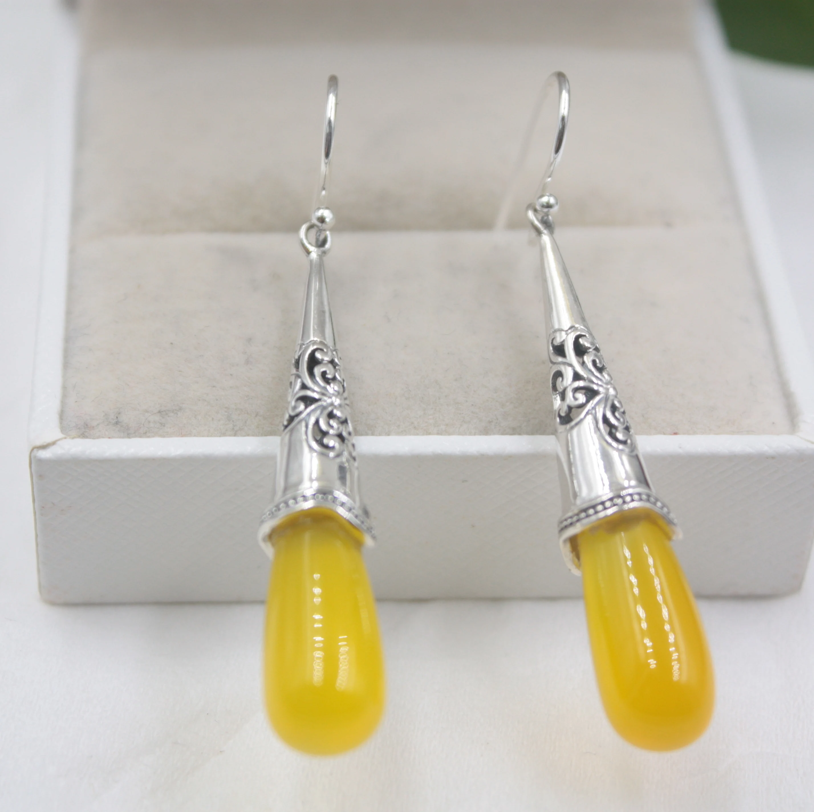 Настоящее Серебро S925 свисающие серьги с крючком желтая халцедон длинные для