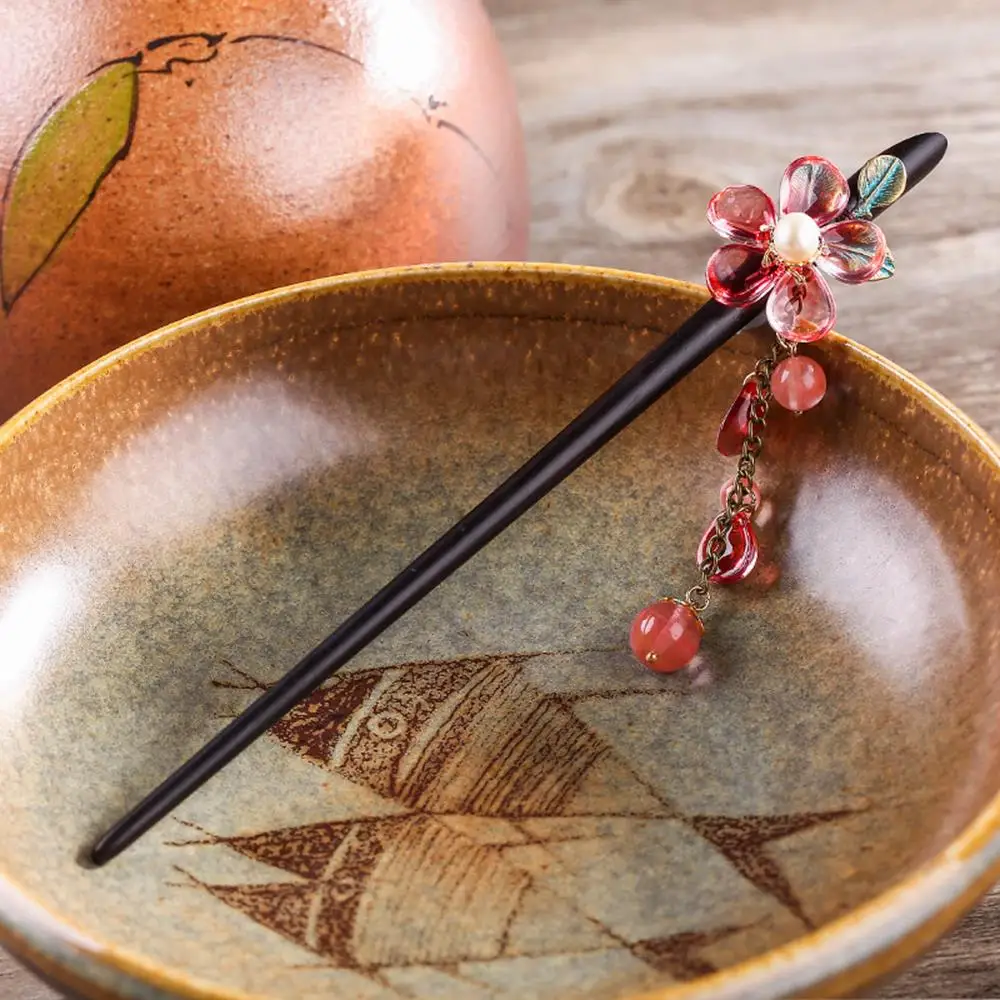 Ethnic Tassel Handmade Hair Sticks Black And Ebony Alloy Leaves Red Colored Glass Petal Pink Stone Female Accessories FZ-18007 | Украшения