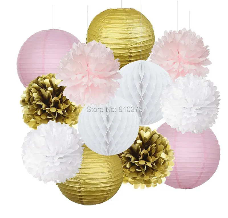 12 шт Золотой Розовый Белый папиросная бумага Pom Poms фонарь соты шар девочка