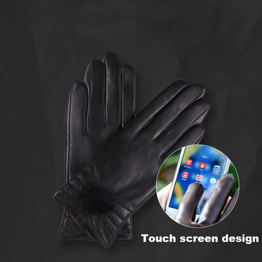 Leather Gloves Female Autumn And Winter Cute Korean Version Of The Warm Touch Screen Driving Cold Gloves Female L18006NC-5