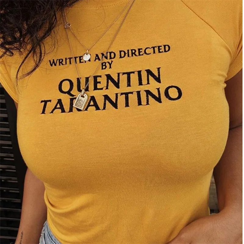 Футболка с надписью QUENTIN TARANTINO желтая облегающая футболка круглым вырезом модный