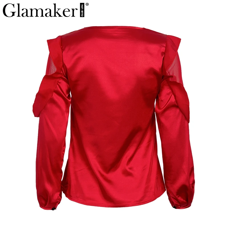 Glamaker Красная атласная выдалбливают Топ Футболка Топ женский рюшами пикантные Длинные рукава вечерние рубашка Для женщин рубашки Весна сетки объединить футболка