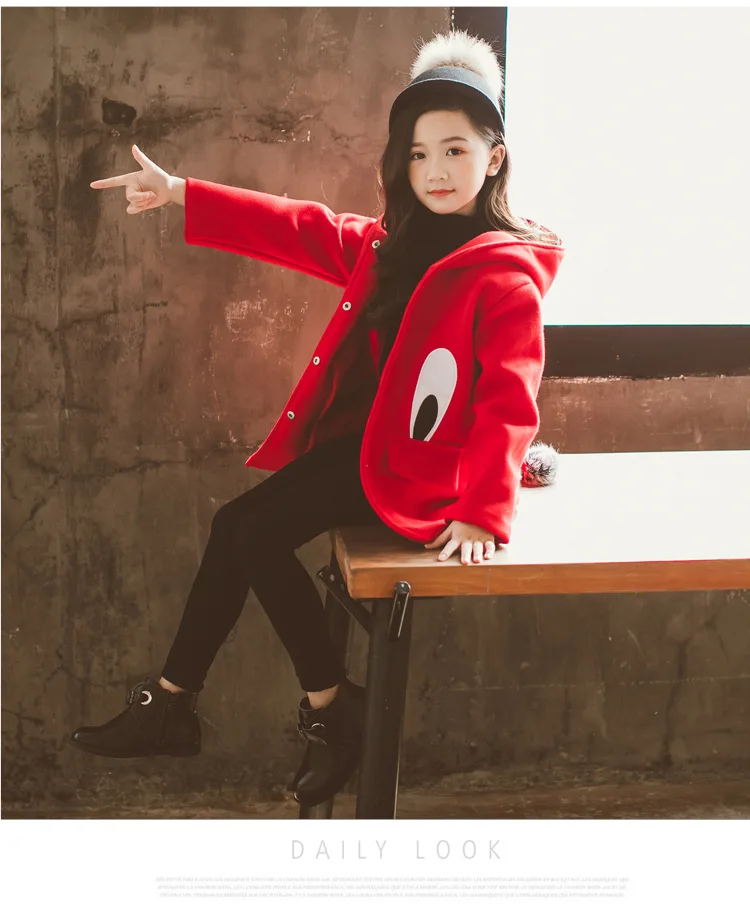 Girls Woolen Coat Long Winter Jackets For Girls Eye pattern Thick Kids Outerwear Autumn Teenage Girls Christmas Clothes 4-14 Y