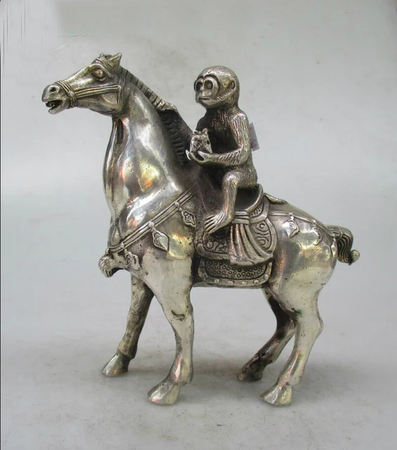 Metal Crafts Christmas Home decorations+Chinese Old Handwork Tibet Silver Carved Monkey Riding Horse Statue/ sculpture