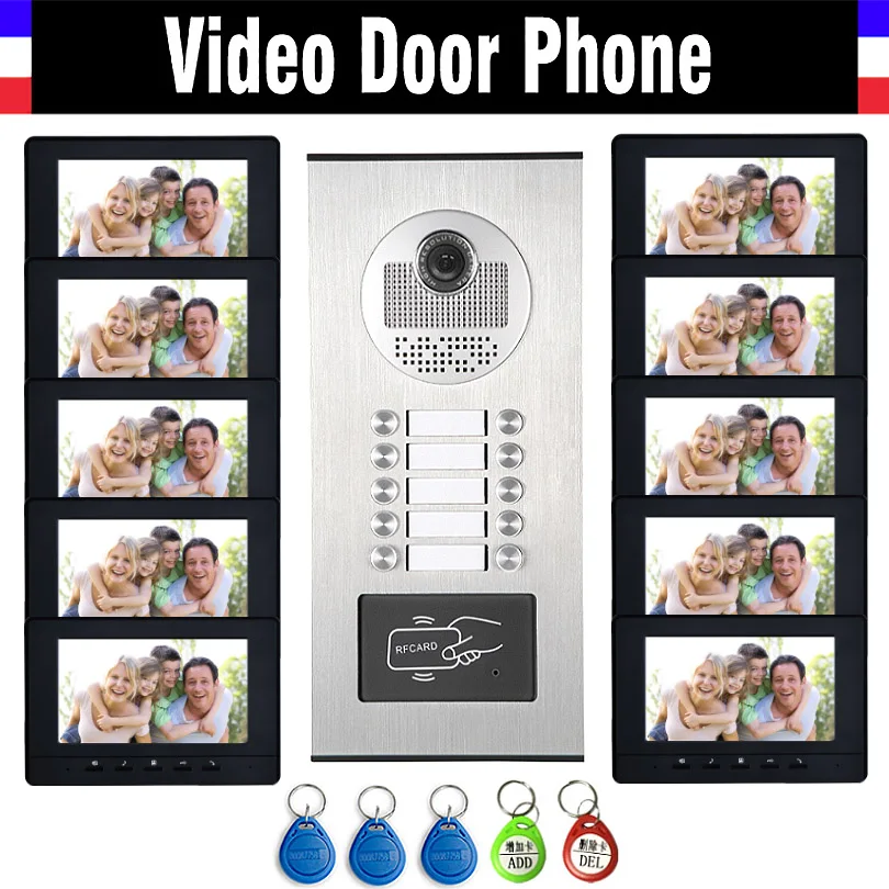 10 eenheden Appartement Intercom Systeem Video-Intercom Video Deurtelefoon Kit HD Camera 7 "Monitor met RFID keyfobs voor 10 huishoudelijke