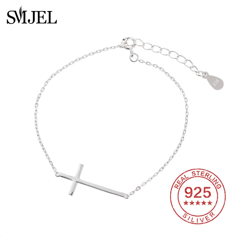 SMJEL Иисуса Христианские Женщины Мужчины крест с горизонтальной перекладиной браслеты 925 стерлингового серебра ювелирные изделия браслет подружки невесты подарок