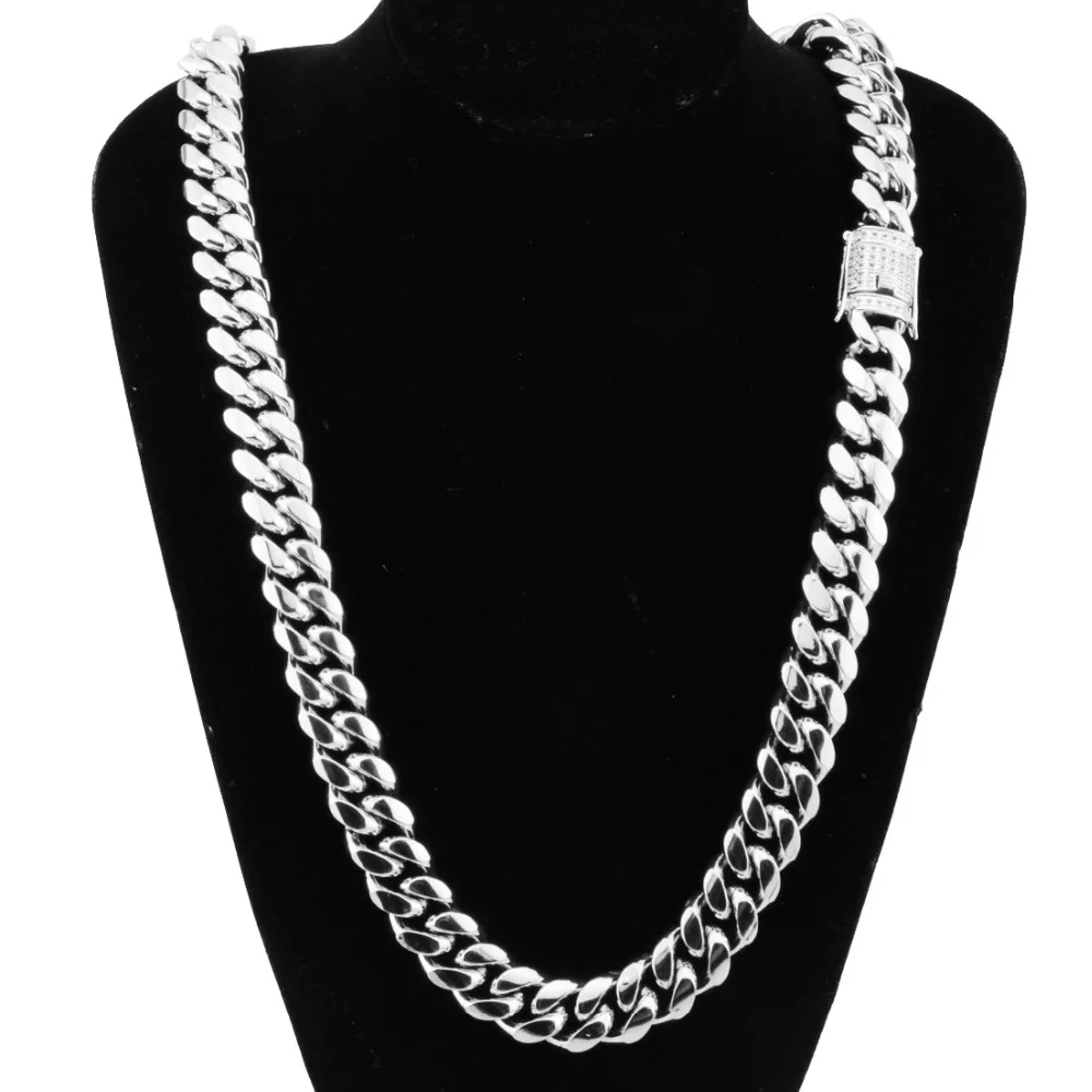 

8-18MM Stainless Steel Miami Cuban Curb Chain White Rhinestone Clasp Mens Womens Silver Color Necklace Or Bracelet Jewelry7-40''