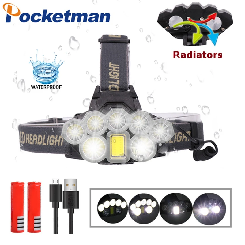 60000LM налобный фонарь 2* T6+ 5* XPE+ COB светодиодный налобный фонарь USB налобный фонарь 6-режимный фары для рыбалки, кемпинга, карманный фонарик с 18650 Батарея