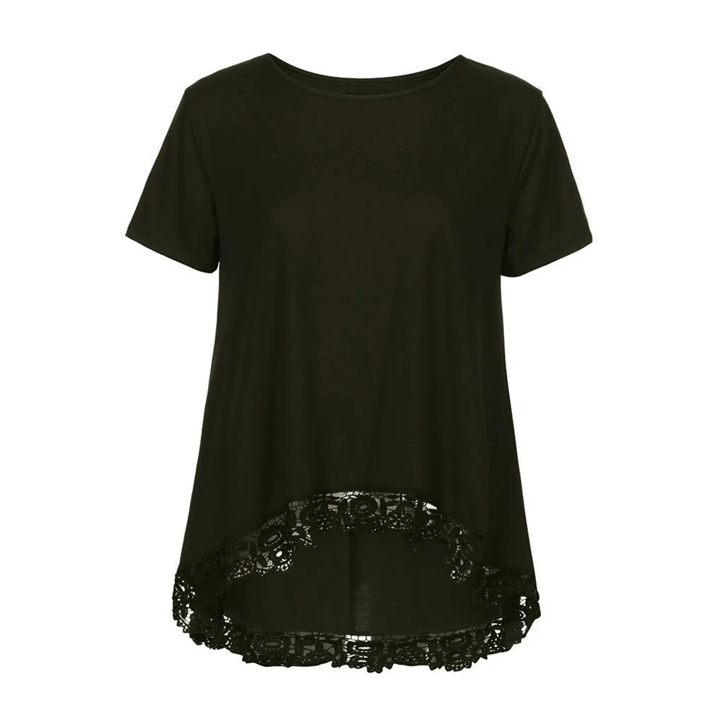 Black Женские блузки Camisa Feminina, повседневные топы с круглым вырезом и коротким рукавом, свободные кружевные лоскутные топы, туника, блузка Blusas Mujer De блузка Moda - Цвет: Black