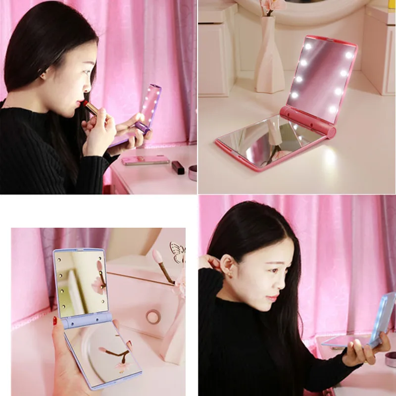 

1PC Compact Women Ladies Make Up Mirror with 8 LED Lights Cosmetic Folding Portable Compact Pocket Makeup Tool Nice Gift
