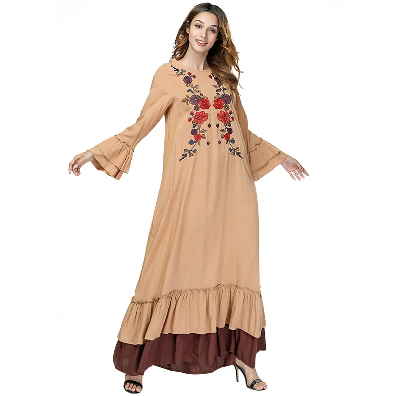 Женское платье макси с круглым вырезом и цветочной вышивкой высококачественное