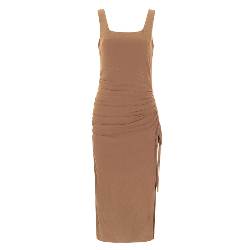 2019 New Midi Khaki Royal Blue Dress Sexy Spaghetti Strap Draped Waist Belt Bow Bodycon Club Party Women Dresses Vestidos | Женская