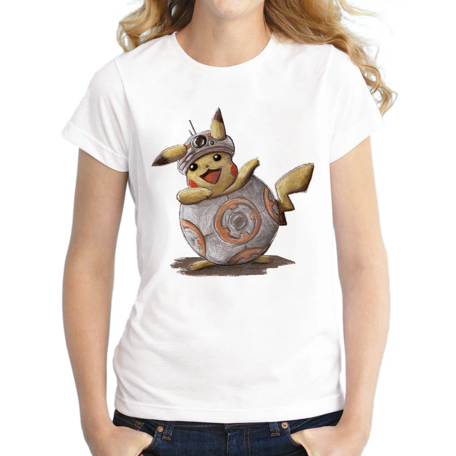 2018 летние Винтаж Pokemon футболка Для женщин Прекрасный мультфильм BB 8 с Пикачу
