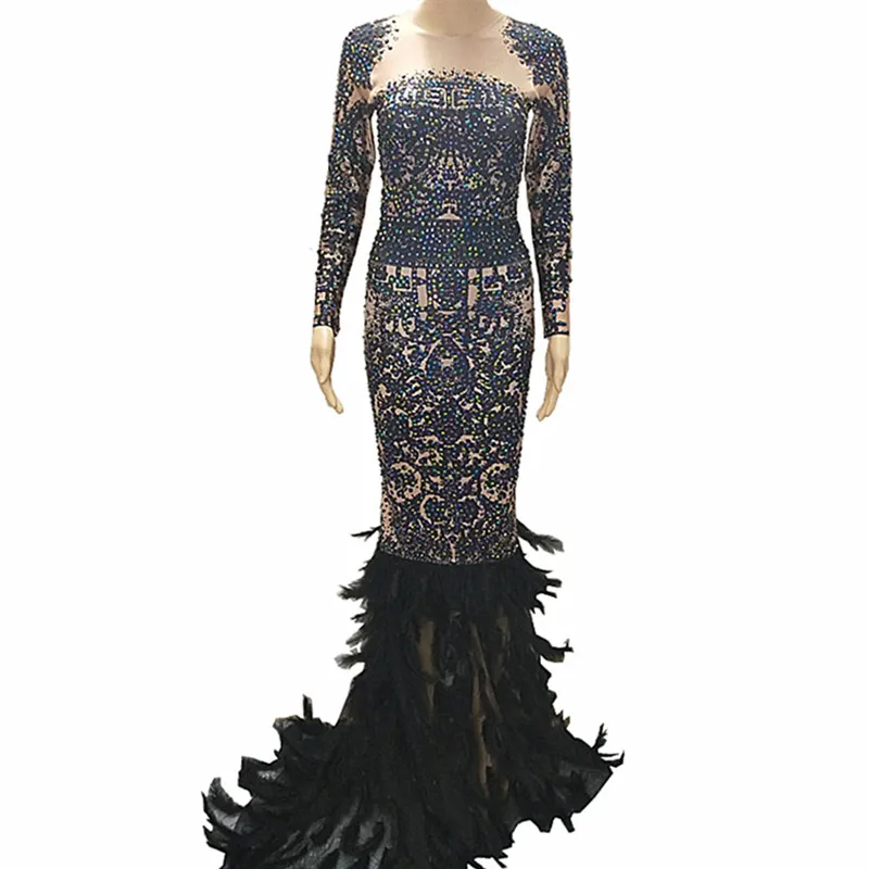 Nightclub Women Singer Purple Beads Black Feather Rhinestones Long Dress Prom Evening Party One Piece Dress Celebration Outfits