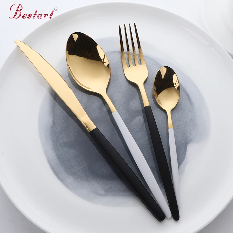 

4 Pcs/Set Black Gold Dinnerware Sets Good Stainless Steel Dinner Knives Forks Tablespoons Cutlery Set Family Tableware